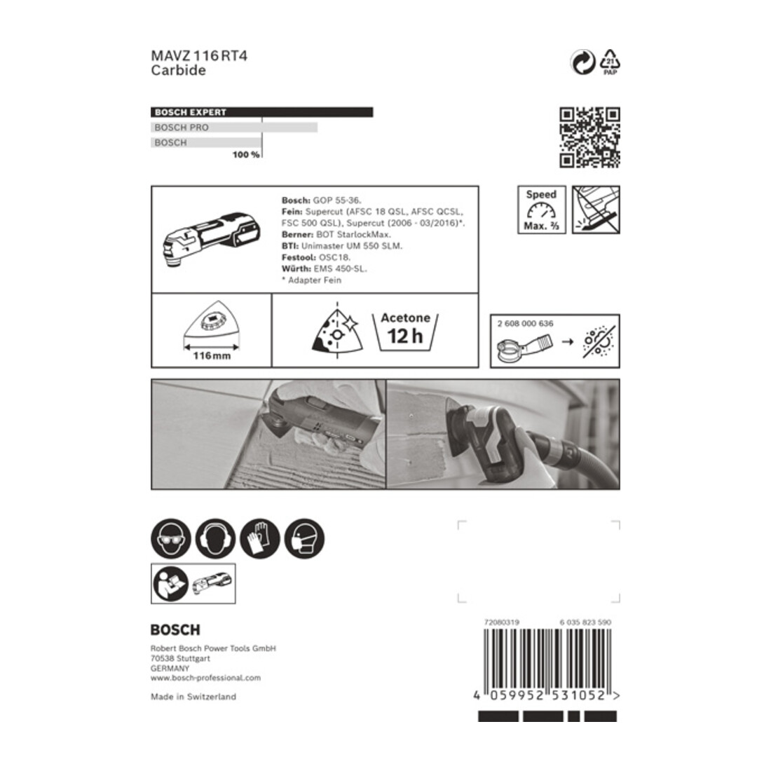 Bosch Expert Plaque de ponçage MAVZ 116 RT4 Lame pour outils multifonctions, 116 mm