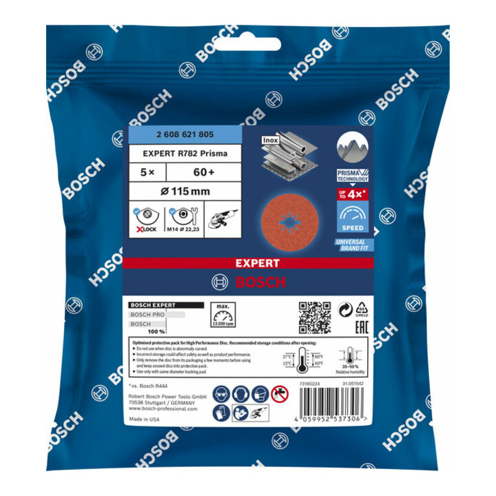 Bosch EXPERT R782 Prisma Ceramic X-LOCK Fiberscheibe 115mm 22,23mm G 60 für Winkelschleifer mit X-LOCK und mit Spannmutter