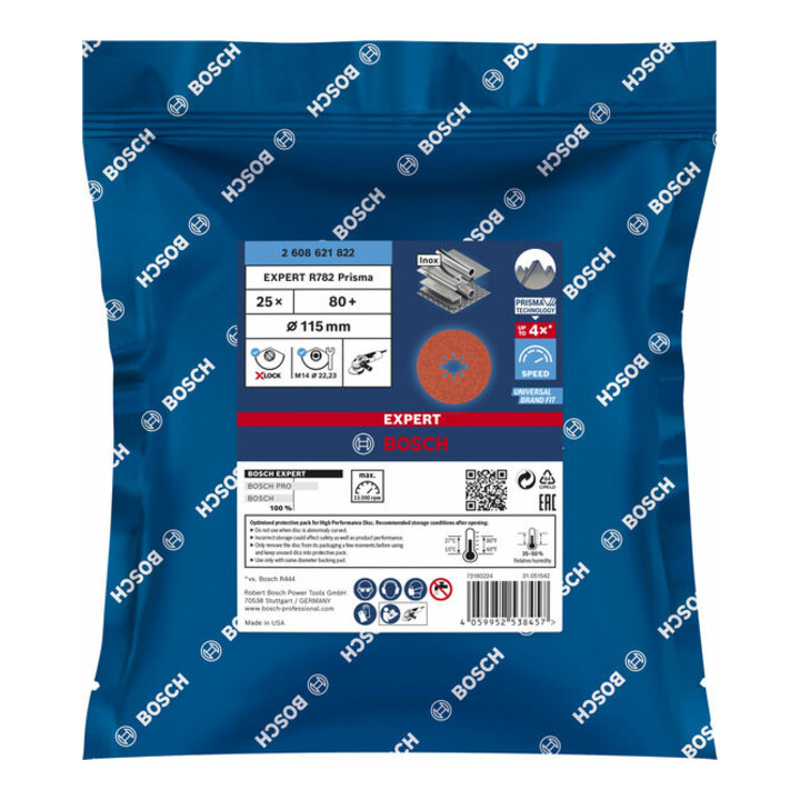 Bosch EXPERT R782 Prisma Ceramic X-LOCK fiberschijf 115mm 22,23mm G 80 voor haakse slijpmachines met X-LOCK en met klemmoer