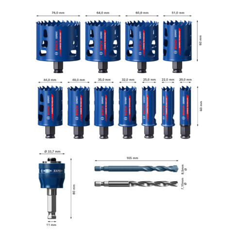 Bosch EXPERT Tough Material Lochsäge-Set 20/22/25/32/35/40/44/51/60/64/76mm 14-tlg. für Dreh- und Schlagbohrer