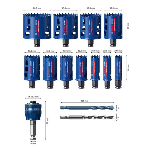 Bosch EXPERT Tough Material Lochsäge-Set 20/22/25/32/35/40/44/51/60/68/76mm 14-tlg. für Dreh- und Schlagbohrer