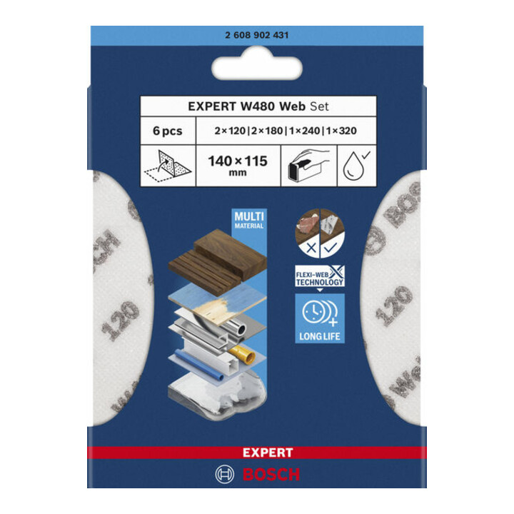 Bosch EXPERT W480 Web 1/4 Handschleifblatt-Set, 115x140 mm, G120/G180/G24/G320, 6-tlg.