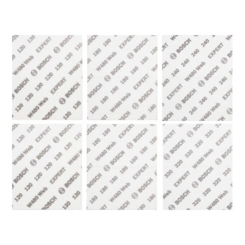 Bosch EXPERT W480 Web Set de 6 feuilles abrasives 115x140 mm, G120/G180/G24/G320, 1/4 main