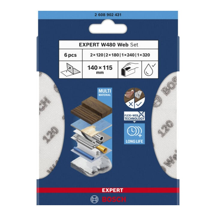 Bosch EXPERT W480 Web Set de 6 feuilles abrasives 115x140 mm, G120/G180/G24/G320, 1/4 main