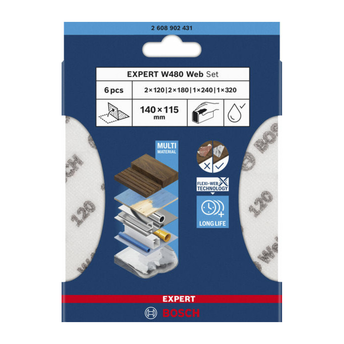 Bosch EXPERT W480 Web Set de 6 feuilles abrasives 115x140 mm, G120/G180/G24/G320, 1/4 main