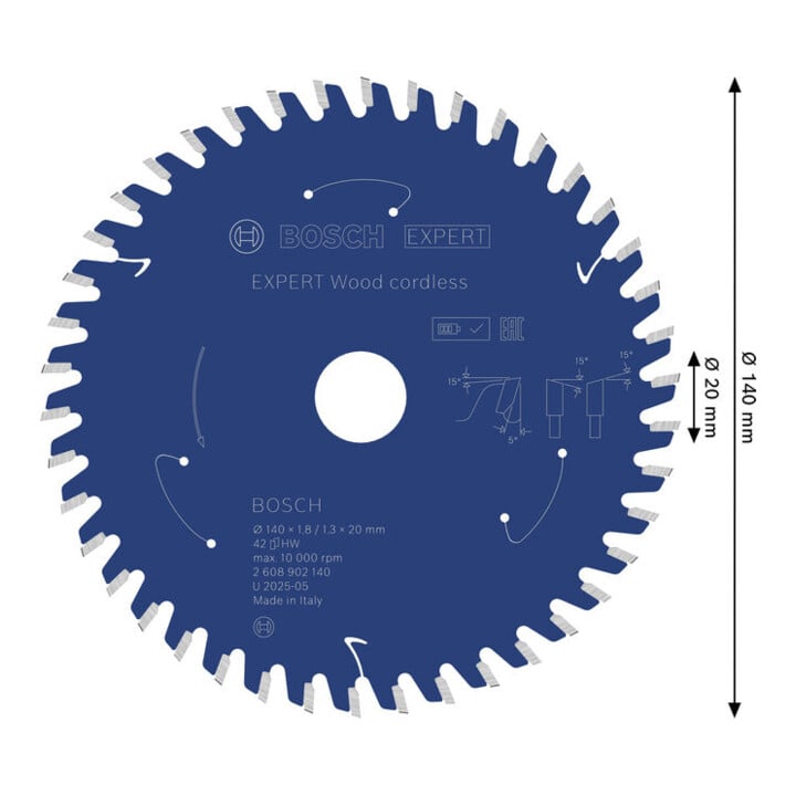 Bosch EXPERT Wood Cirkelzaagblad, 140x1,8x20 mm, Z42 met reductiering