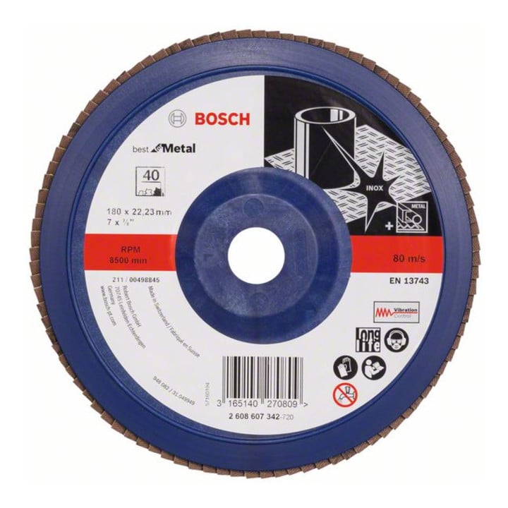 Bosch Fächerschleifscheibe X571, Best for Metal, gerade, 180 x 22,23 mm, 40, Kunst.