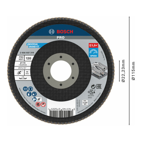 Bosch Fächerschleifscheibe X571 Best for Metal gewinkelt 115 mm 120 Glasgewebe