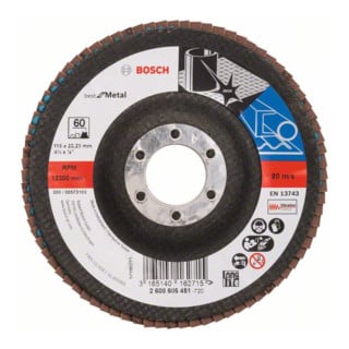 Bosch Fächerschleifscheibe X571, Best for Metal, gewinkelt, 115 x 22,23 mm, 60, Glas