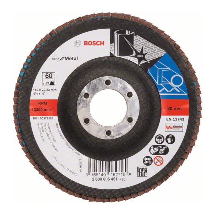 Bosch Fächerschleifscheibe X571, Best for Metal, gewinkelt, 115 x 22,23 mm, 60, Glas
