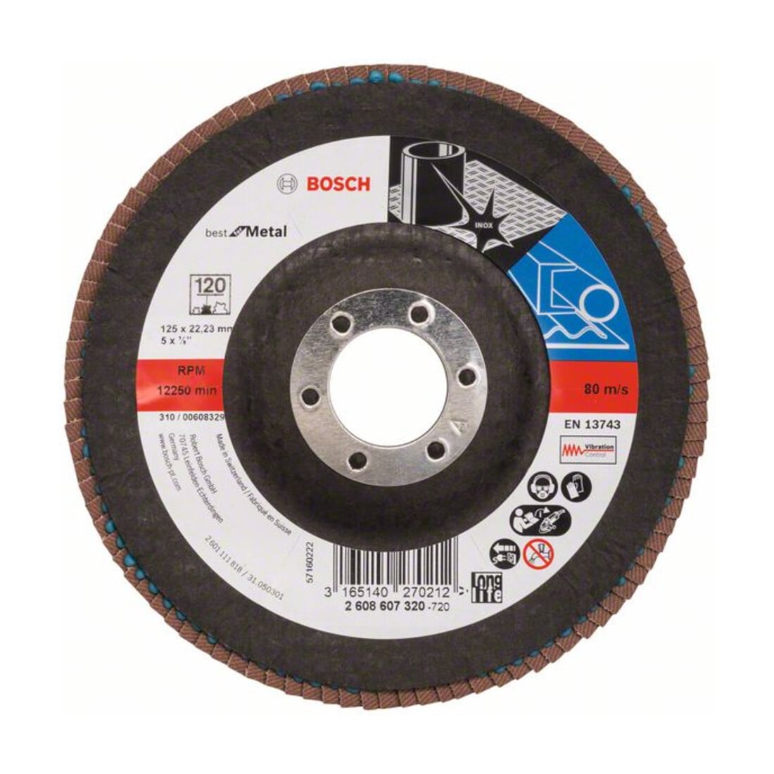 Bosch Fächerschleifscheibe X571, Best for Metal, gewinkelt, 125 x 22,23 mm,120, Glas