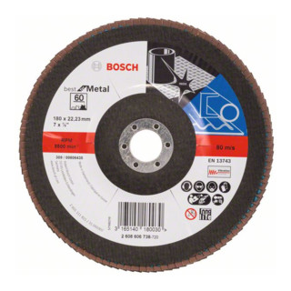 Bosch Fächerschleifscheibe X571, Best for Metal, gewinkelt, 180 x 22,23 mm, 60, Glas