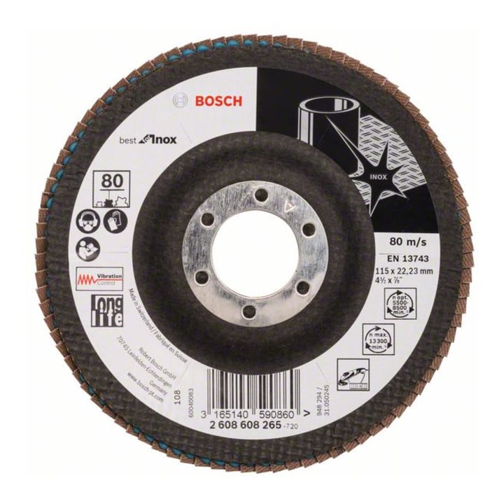 Bosch Fächerschleifscheibe X581, Best for Inox, gewinkelt, 115 x 22,23 mm, 80, Glas