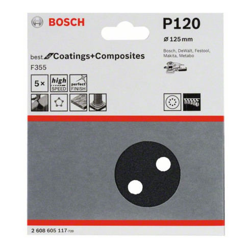 Bosch Foglio abrasivo F355, 125mm, 120 8 fori, velcro