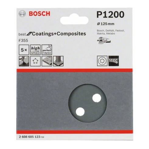 Bosch Foglio abrasivo F355, 125mm, 1200 8 fori, velcro