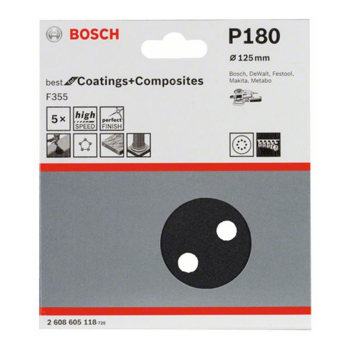 Bosch Foglio abrasivo F355, 125mm, 180 8 fori, velcro