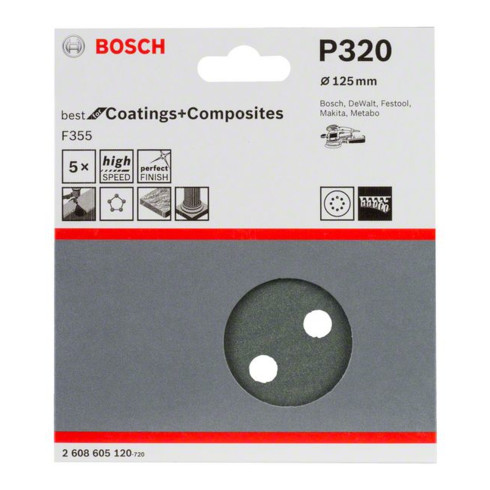 Bosch Foglio abrasivo F355, 125mm, 320 8 fori, velcro