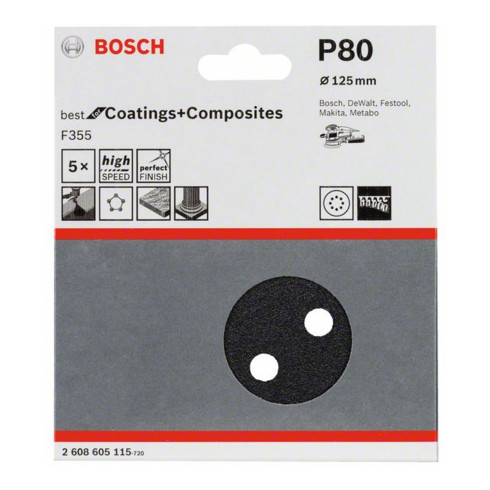 Bosch Foglio abrasivo F355, 125mm, 80 8 fori, velcro