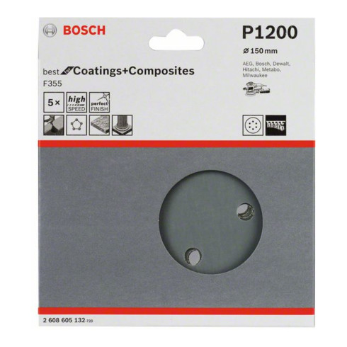 Bosch Foglio abrasivo F355, 6 fori, velcro 6mm, 150mm,