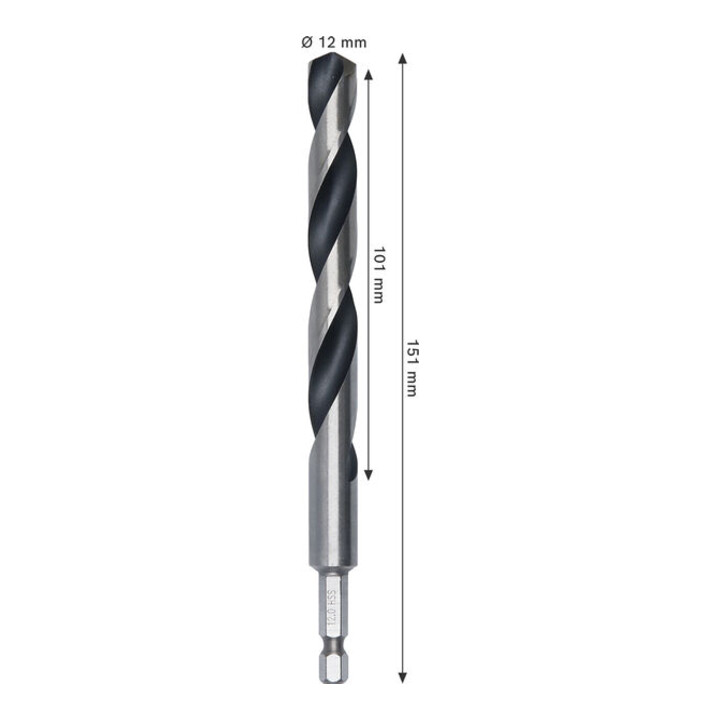 Bosch Foret hélicoïdal HSS métal, 12 x 101 x 151 mm, tige HEX 1/4