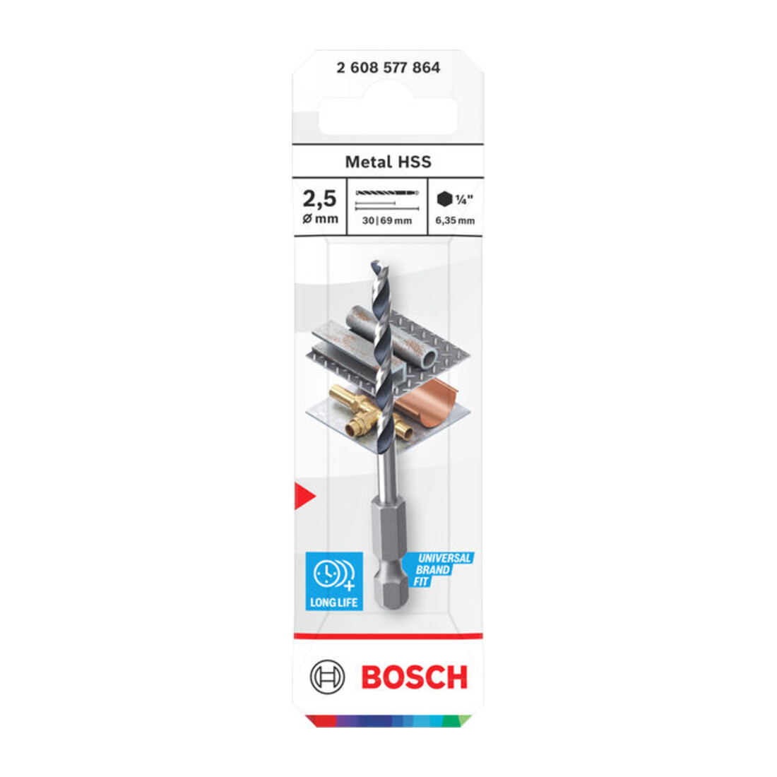 Bosch Foret hélicoïdal HSS métal, 2,5 x 30 x 69 mm, queue HEX 1/4