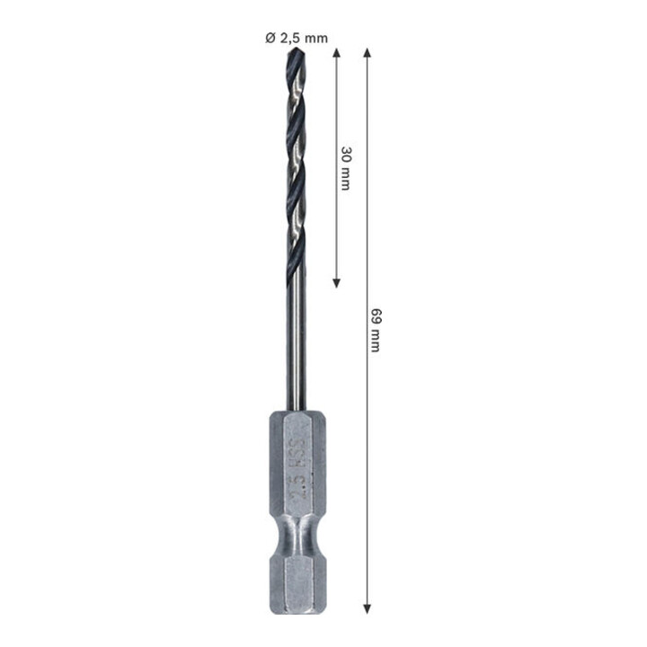 Bosch Foret hélicoïdal HSS métal, 2,5 x 30 x 69 mm, queue HEX 1/4