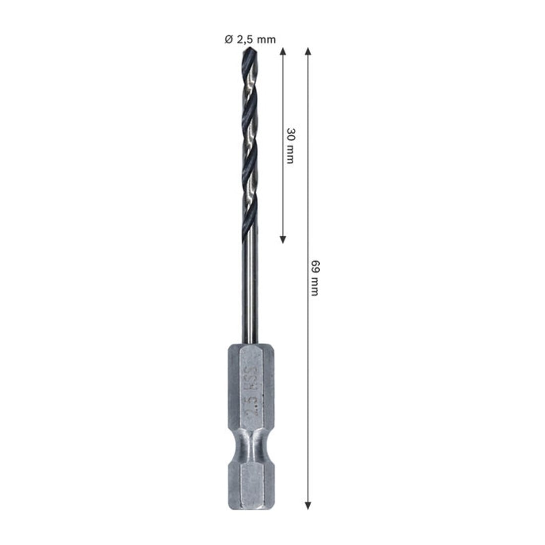 Bosch Foret hélicoïdal HSS métal, 2,5 x 30 x 69 mm, queue HEX 1/4