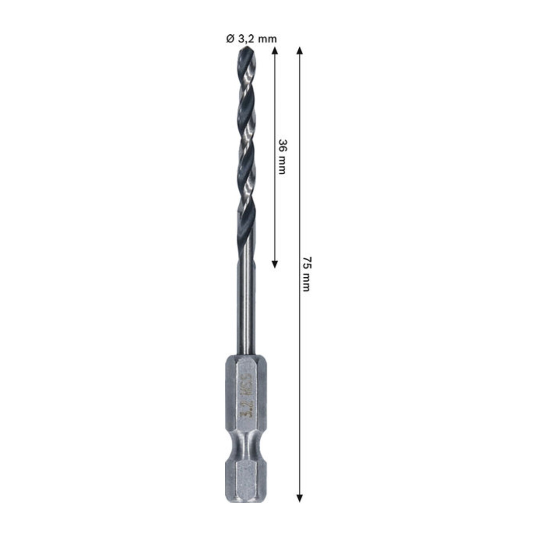 Bosch Foret hélicoïdal HSS métal, 3,2 x 36 x 75 mm, queue HEX 1/4
