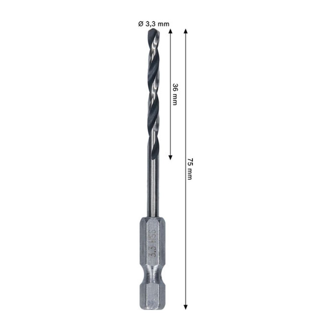 Bosch Foret hélicoïdal HSS métal, 3,3 x 36 x 75 mm, tige HEX 1/4