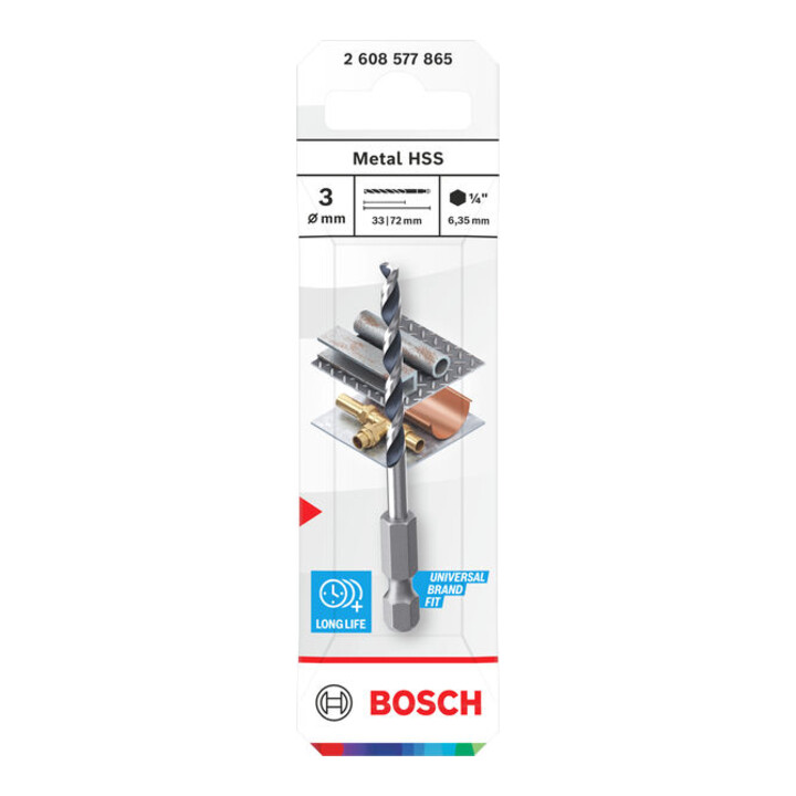Bosch Foret hélicoïdal HSS métal, 3 x 33 x 72 mm, tige HEX 1/4