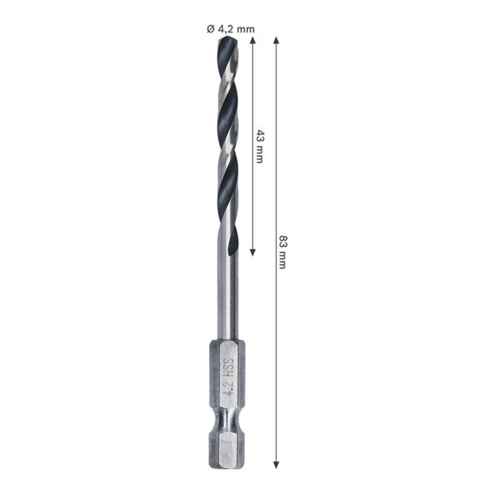 Bosch Foret hélicoïdal HSS métal, 4,2 x 43 x 83 mm, tige HEX 1/4