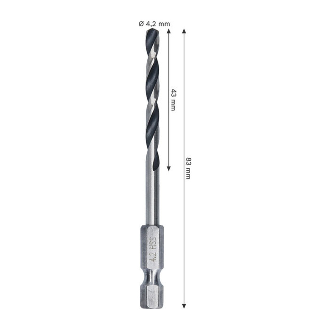 Bosch Foret hélicoïdal HSS métal, 4,2 x 43 x 83 mm, tige HEX 1/4