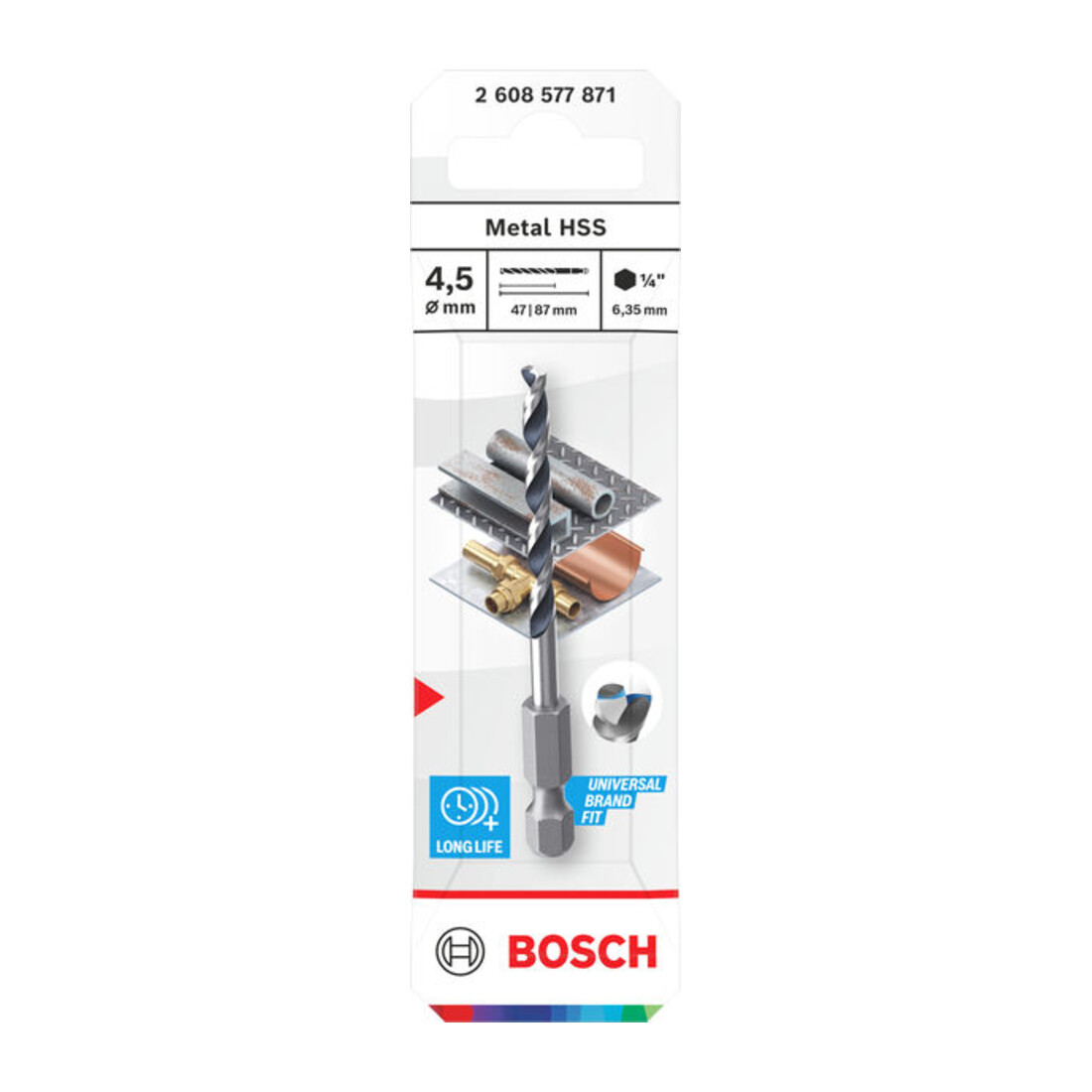 Bosch Foret hélicoïdal HSS métal, 4,5 x 47 x 87 mm, queue HEX 1/4