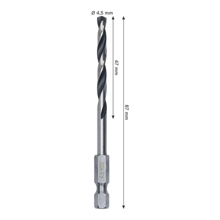 Bosch Foret hélicoïdal HSS métal, 4,5 x 47 x 87 mm, queue HEX 1/4