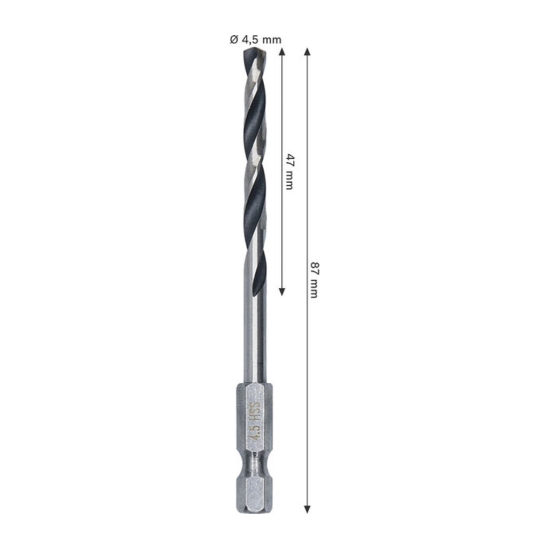 Bosch Foret hélicoïdal HSS métal, 4,5 x 47 x 87 mm, queue HEX 1/4