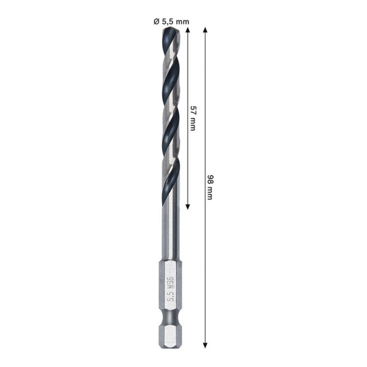 Bosch Foret hélicoïdal HSS métal, 5,5 x 57 x 98 mm, tige HEX 1/4