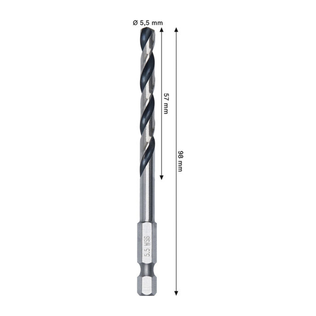 Bosch Foret hélicoïdal HSS métal, 5,5 x 57 x 98 mm, tige HEX 1/4