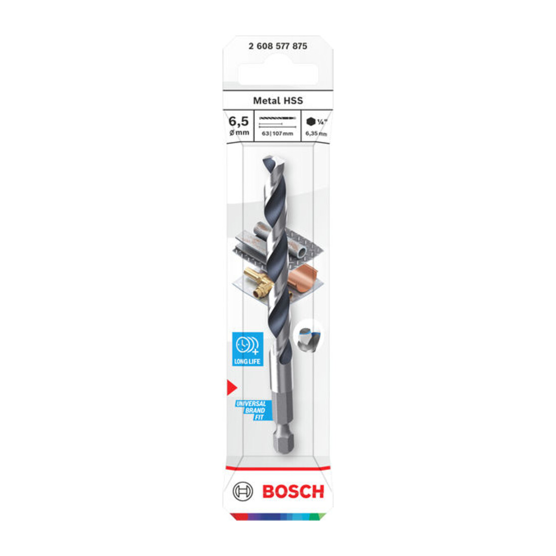 Bosch Foret hélicoïdal HSS métal, 6,5 x 63 x 107 mm, queue HEX 1/4