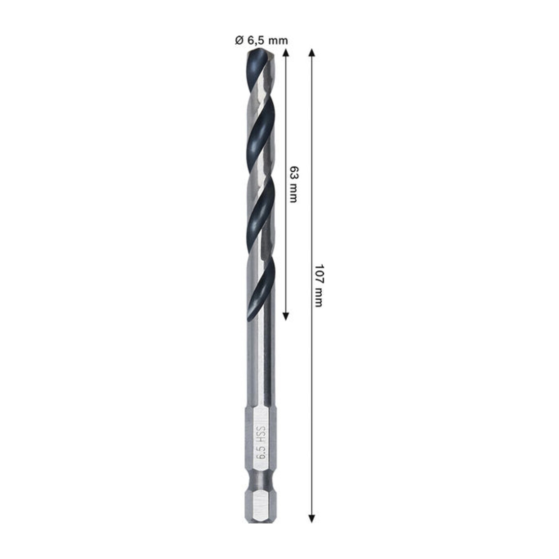 Bosch Foret hélicoïdal HSS métal, 6,5 x 63 x 107 mm, queue HEX 1/4