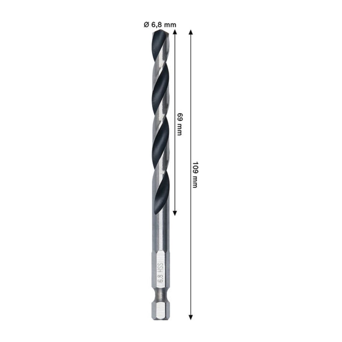 Bosch Foret hélicoïdal HSS métal, 6,8 x 69 x 109 mm, tige HEX 1/4