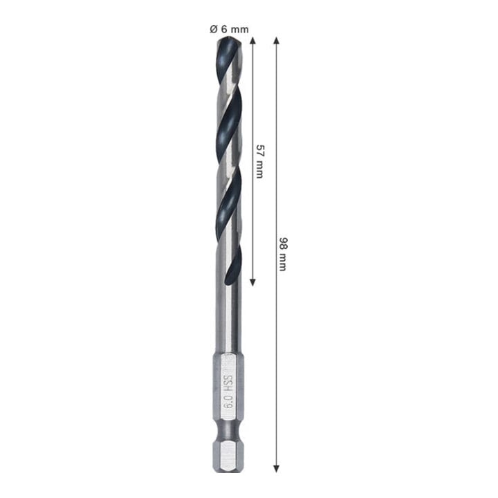 Bosch Foret hélicoïdal HSS métal, 6 x 57 x 98 mm, tige HEX 1/4