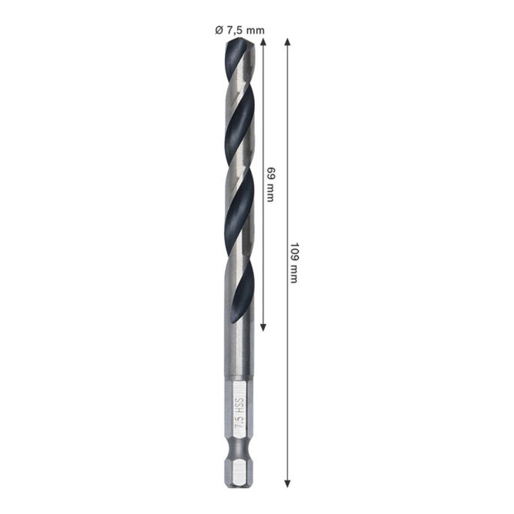 Bosch Foret hélicoïdal HSS métal, 7,5 x 69 x 109 mm, tige HEX 1/4