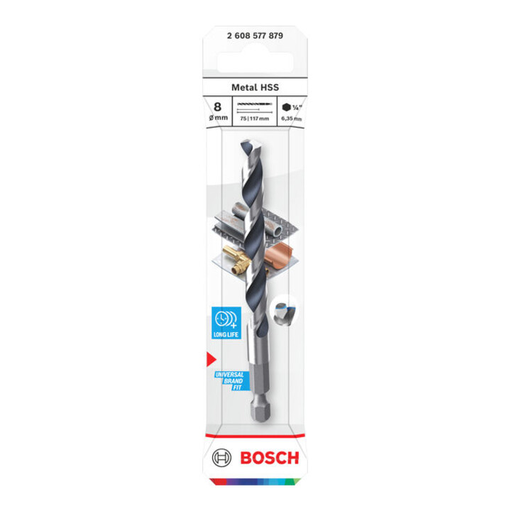 Bosch Foret hélicoïdal HSS métal, 8 x 75 x 117 mm, tige HEX 1/4