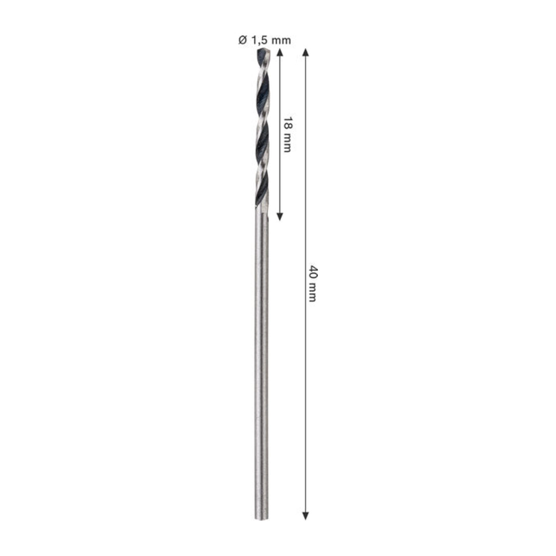 Bosch Forets hélicoïdaux HSS métal, 1,5 x 18 x 40 mm, queue CYL, 2 pièces