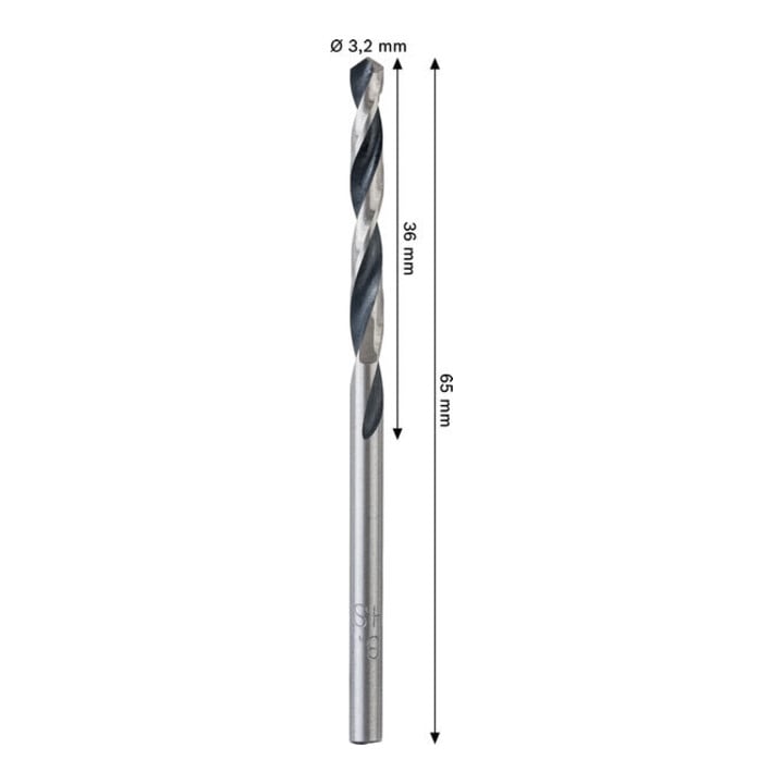 Bosch Forets hélicoïdaux HSS métal, 3,2 x 36 x 65 mm, queue CYL, 2 pièces