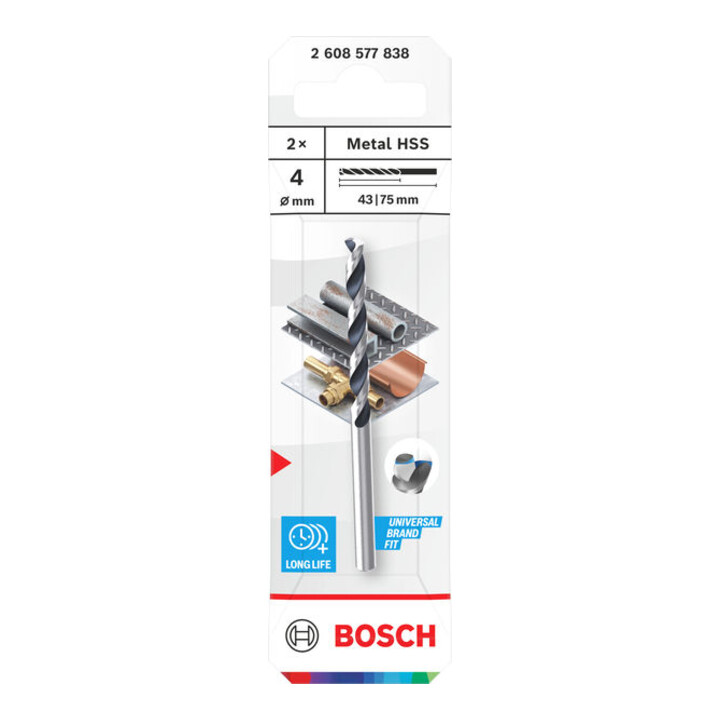 Bosch Forets hélicoïdaux HSS métal, 4 x 43 x 75 mm, queue CYL, 2 pièces