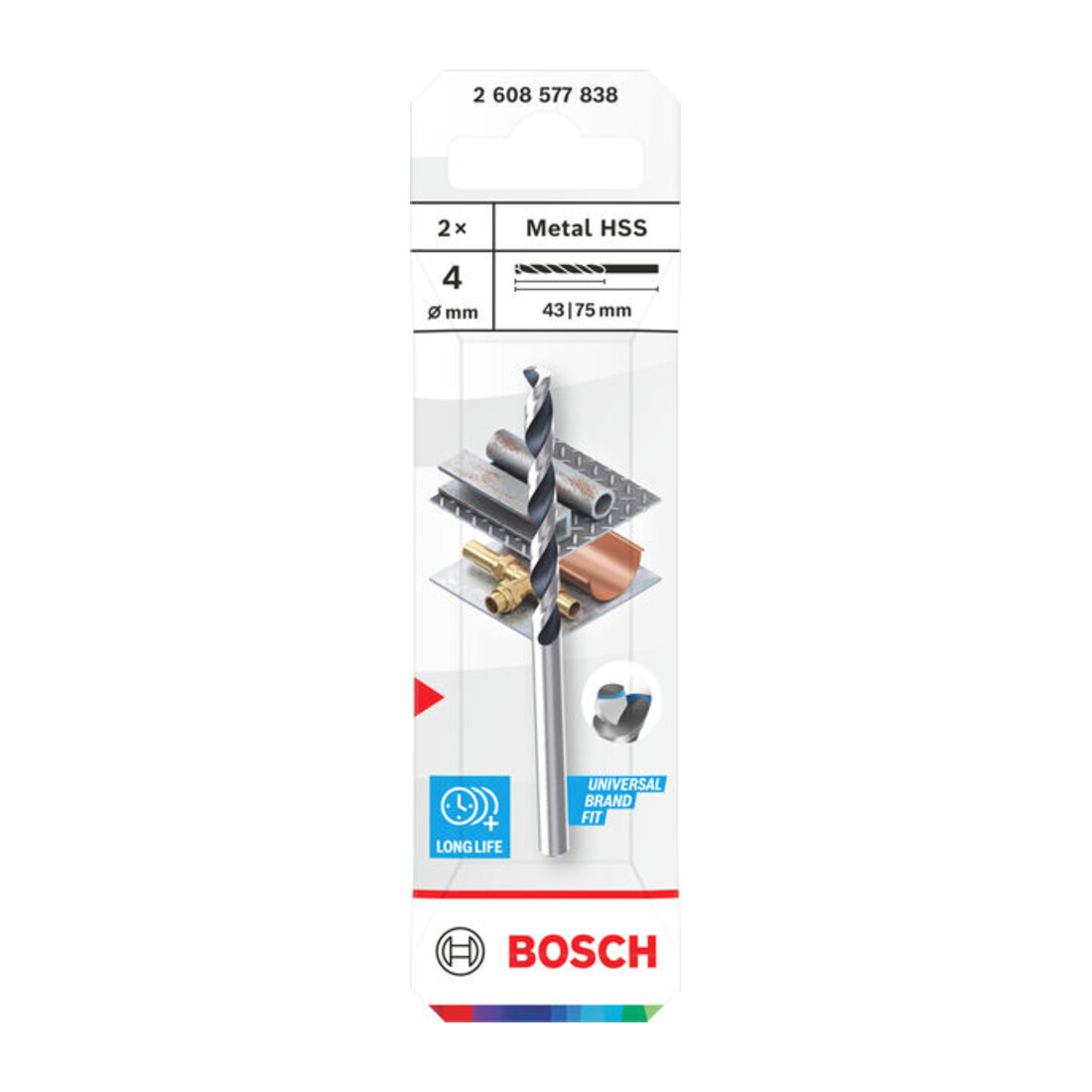 Bosch Forets hélicoïdaux HSS métal, 4 x 43 x 75 mm, queue CYL, 2 pièces