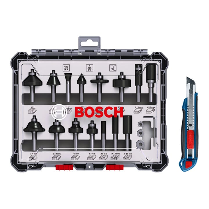 Bosch Fräser-Set, 15-teilig, inklusive gratis Cuttermesser