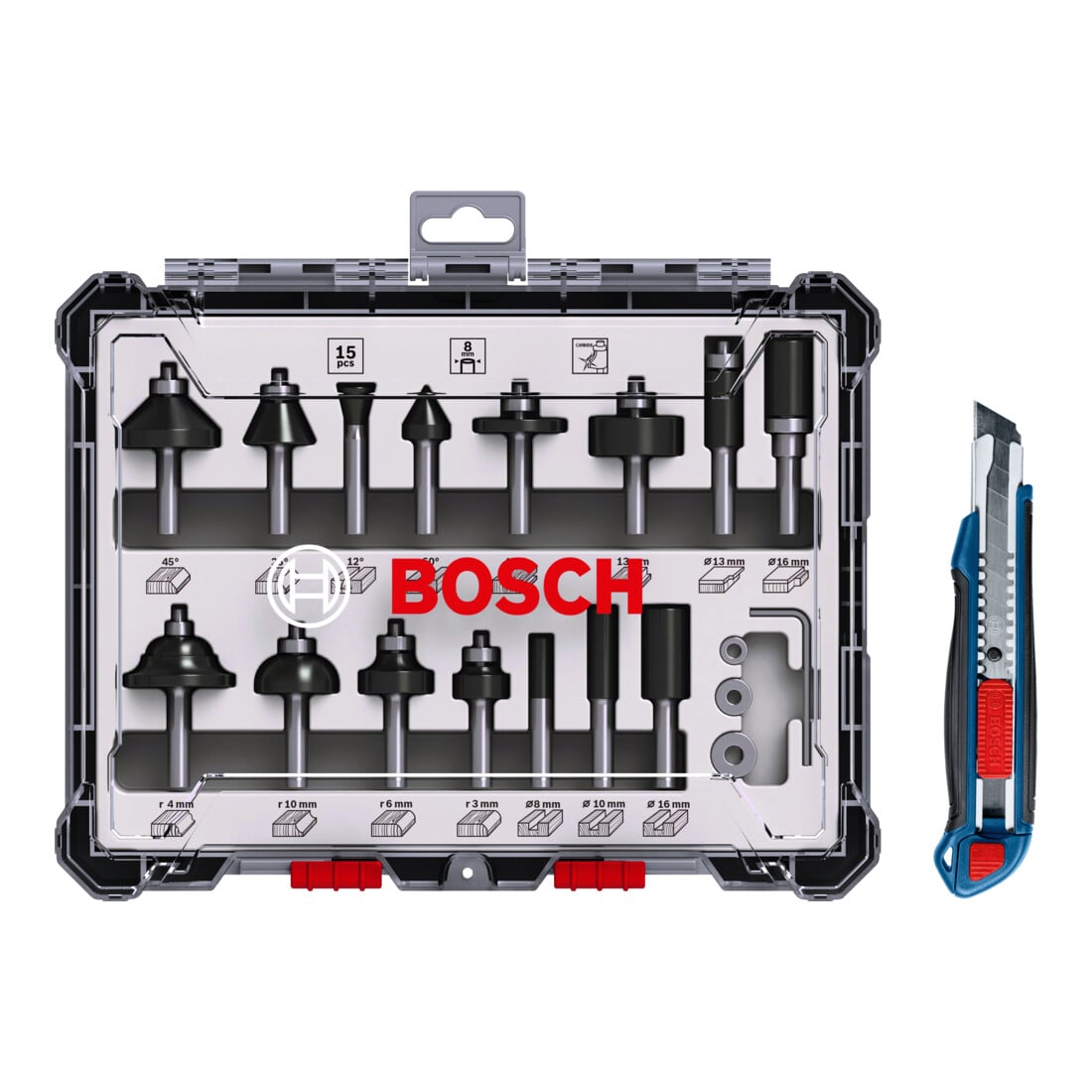 Bosch Fräser-Set, 15-teilig, inklusive gratis Cuttermesser