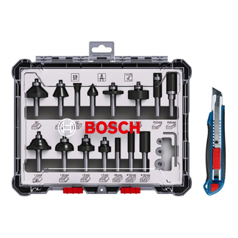 Bosch Fräser-Set, 15-teilig, inklusive gratis Cuttermesser